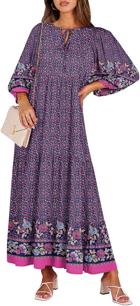 ANRABESS Womens Boho Maxi Dresses 2026 Summer V Neck Puff Sleeve Floral Flowy Swing Fall Casual Long Dress - Product Image
