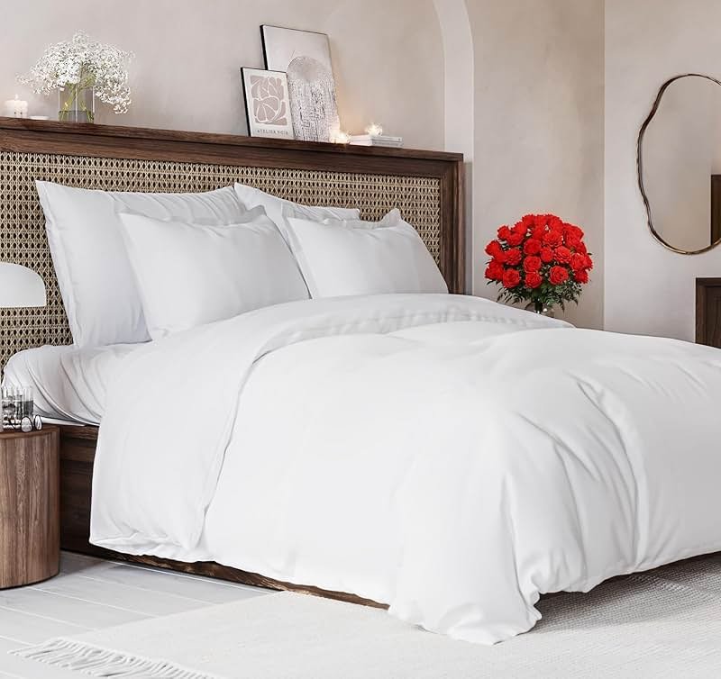 Duvet Cover Queen Size Set - Extra Soft Queen Size Duvet Cover 90 x 90 with 2 Pillow Shams - Hotel Luxury, Easy Care and Fade Free with Zipper Closures & Ties - Comfy, Breathable Bedding Set (White) - Product Image