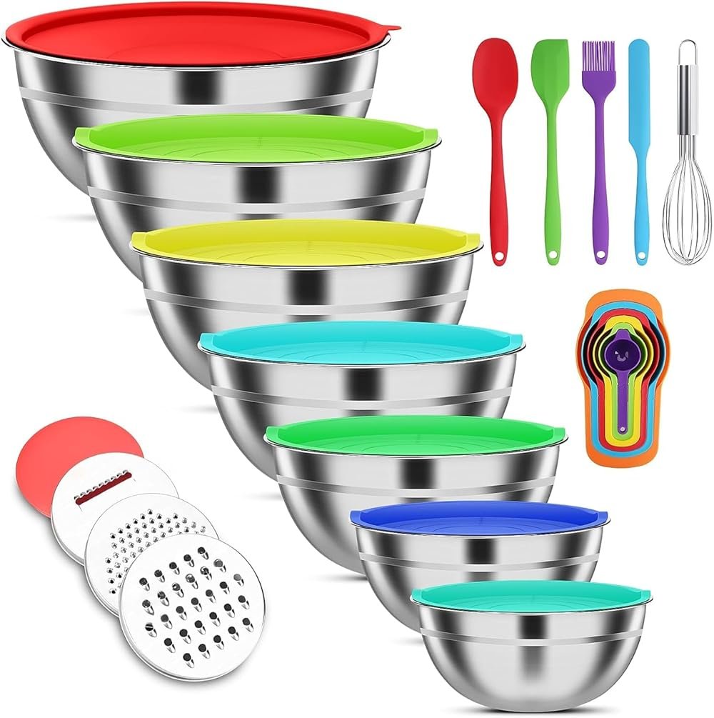 ENVTEK Mixing Bowls with Lids Set, 7 PCS Stainless Steel Mixing Bowls with 3 Grater Attachments, Size 4.5, 4, 3.5, 2.1, 1.5, 1.1, 0.7QT, Ideal for Kitchen Cooking Baking & Serving - Product Image