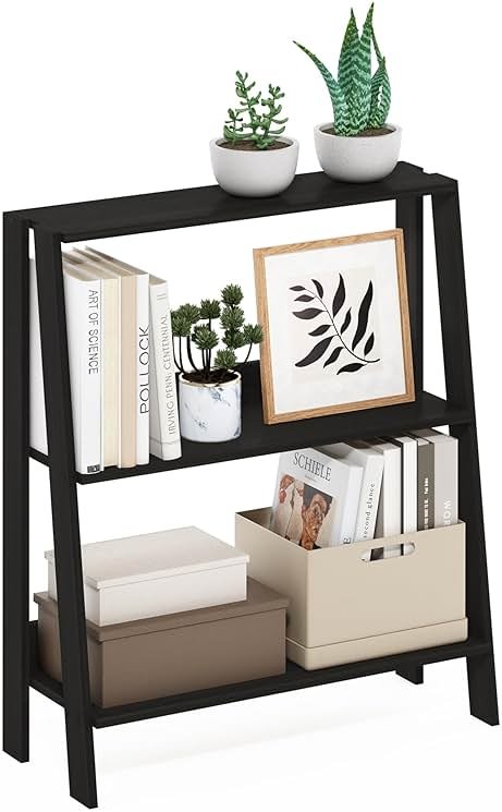 Furinno Ladder Book Shelf, 3-Tier Ladder Shelf, Open Design Bookshelf, Display Storage Bookcase, 9.3" x 23.6" x 27", Living Room, Home Office, Espresso - Product Image