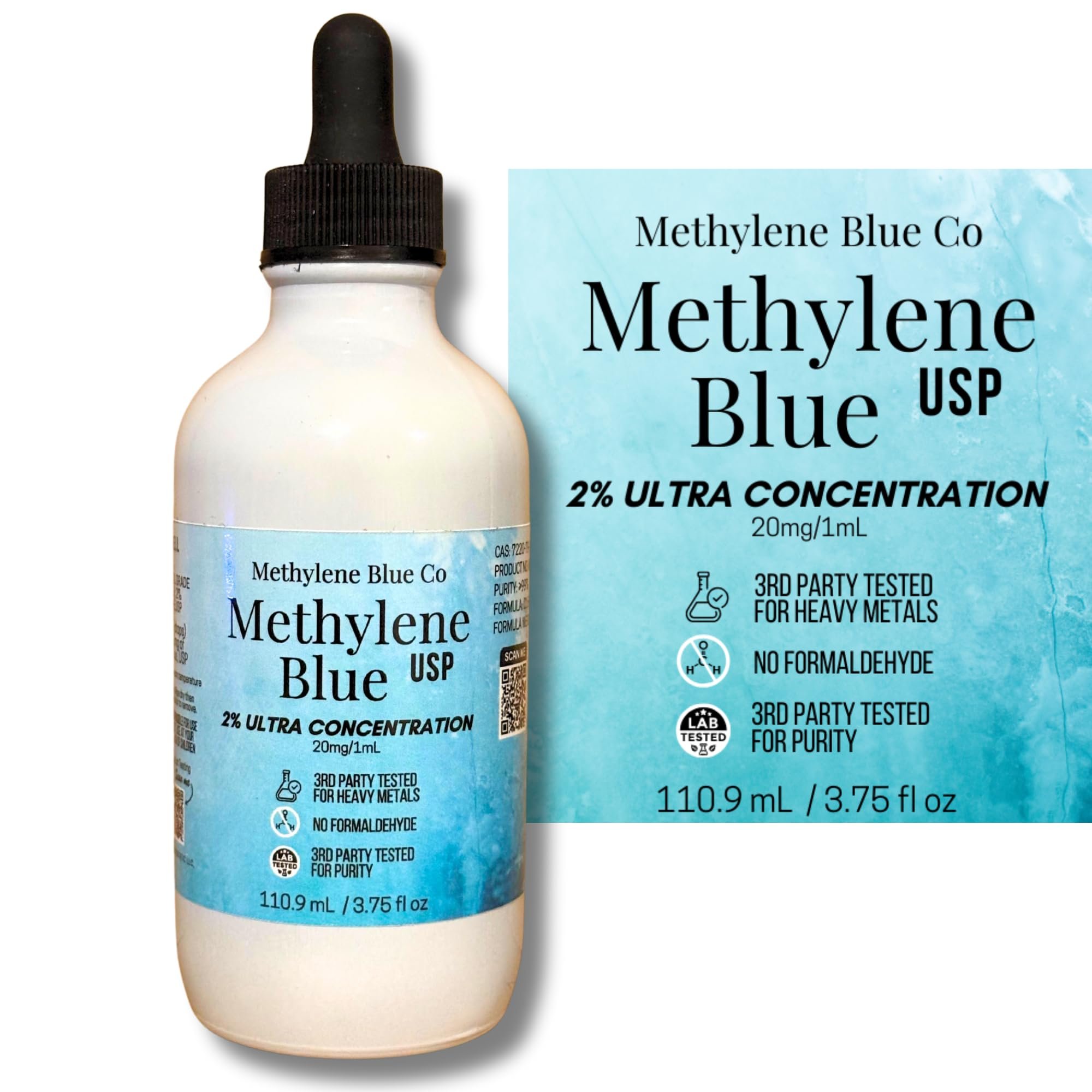 2% Methylene Blue 3.75 fl oz, USA Made Ultra Concentration Glass Bottle and Dropper Pharmaceutical Grade for Humans Nootropic Supplement - Heavy Metals Tested - Product Image