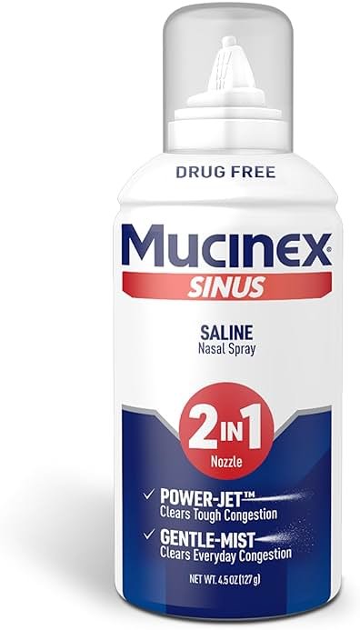 Mucinex Sinus Saline Nasal Spray & Sinus Rinse, Drug-Free, Additive Free, Non-Drowsy Nasal Irrigation with 2-in-1 Jet + Mist Spray Nozzle for Cold & Allergy Season, 4.5oz - Product Image