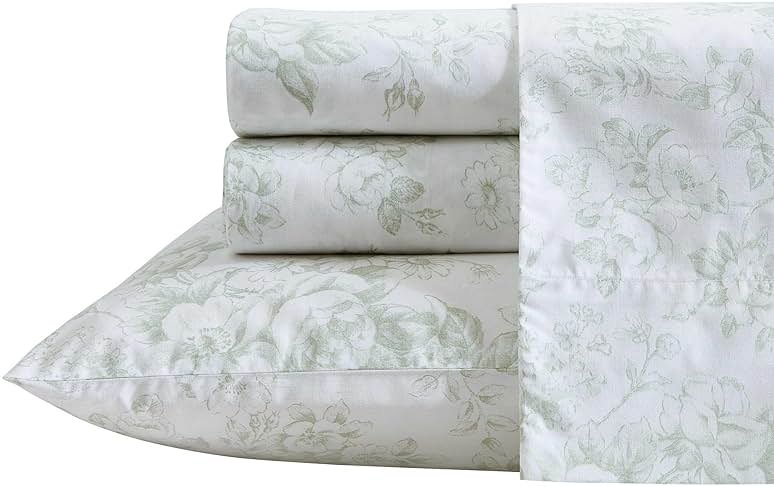 Laura Ashley – Queen Size Sheet Set, Crisp & Lightweight Cotton Percale Bedding with Fitted Sheet and Pillowcases, Floral Room Decor, Deep Pocket, College Dorm Room Essentials (Toile Delight Green) - Product Image