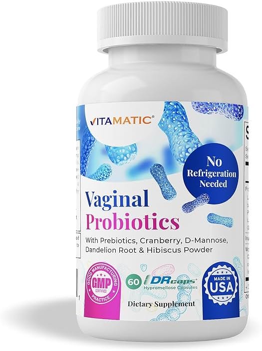 Vitamatic Vaginal Probiotics for Women – 20 Billion CFU, pH Balance & Odor Control, 60 DR Capsules with Prebiotics, Cranberry, D-Mannose, Hibiscus & Dandelion – Feminine Health & Daily Support* - Product Image