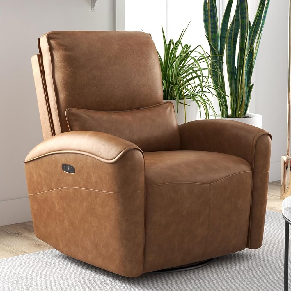 Bonzy Home Power Swivel Rocker Recliner Chair with USB Port, 23.2" Wide Seat, Fixed Lumbar Support, Upholstered Glider Chair for Nursery Living Room, Brown - Product Image