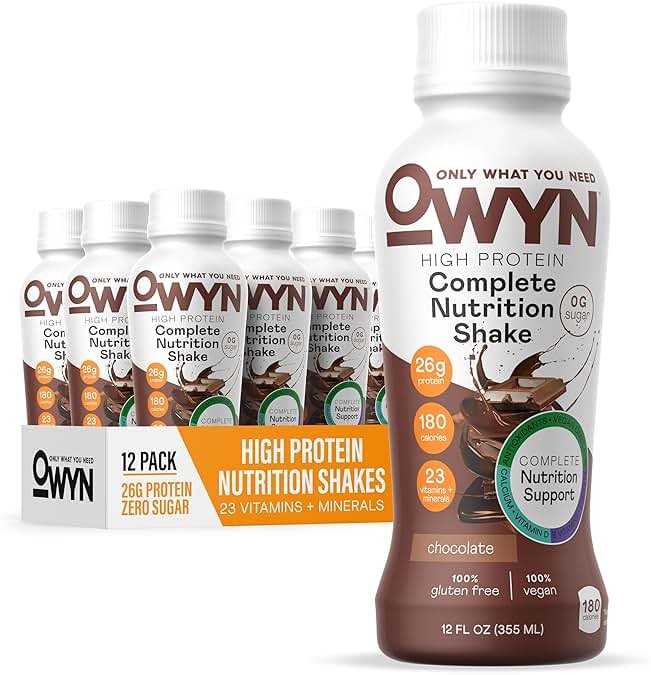 OWYN Only What You Need High Protein Shake, Chocolate Flavored, 26g Protein, 0g Sugar, 3g Fiber, Dairy Free, Plant Based Protein Drink, 12 Count - Product Image
