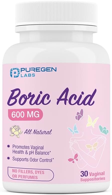 Puregen Labs Boric Acid 600 mg Vaginal Suppositories - 100% Pure | All Natural Without Dyes or Fillers | Supports Vaginal pH Balance and Odor Control (30 Count) - Product Image