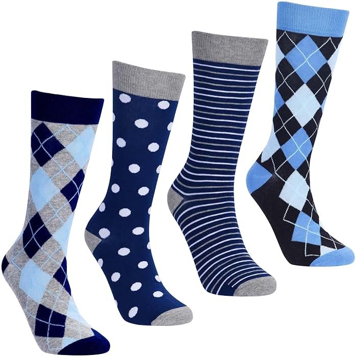 No Cold Feet Men’s Dress Socks, Fun Colorful Patterned, Mid-Calf, Cotton Blend, 4-Pack - Product Image
