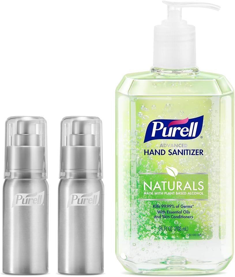PURELL Advanced Hand Sanitizer Naturals + Refillable Aluminum Bottles, (2) 2 fl oz Travel-Size Bottles (Shipped Empty) and (1) 24 fl oz Refill (Pack of 1) – 3282-12KIT-EC - Product Image