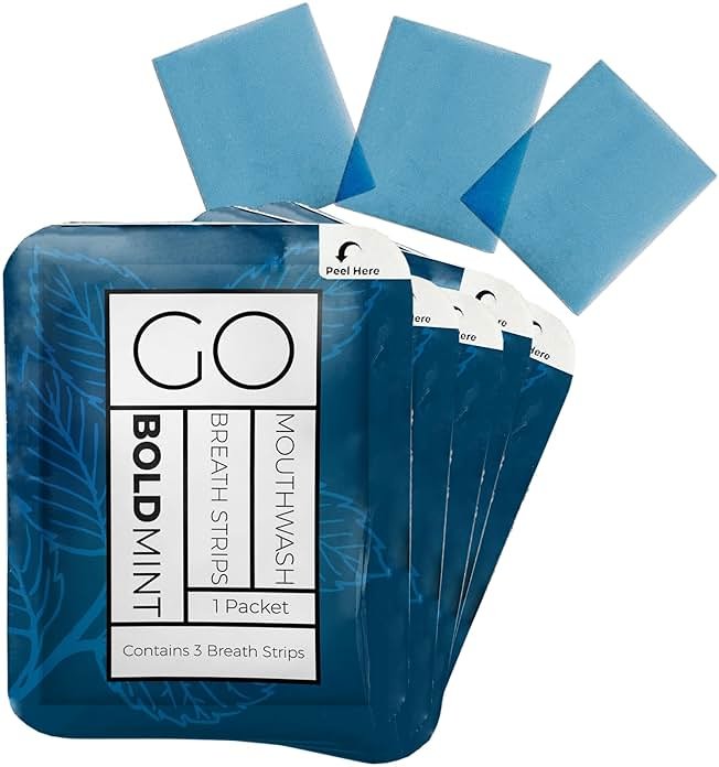Breath Strips for Bad Breath by Go Mouthwash- Indivivual Packets containing 3 Bold Mint Strips - Alternative to Breath Mints, Travel Mouthwash, Breath Spray, and Other Fresheners - Perfect on the GO - Product Image