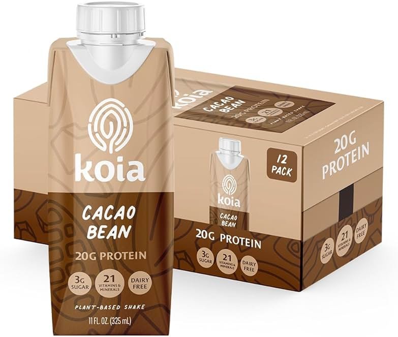 Koia Plant Based Protein Shake, Cacao Bean, 20g Protein, 3g Sugar, 6g Prebiotic Fiber, 21 Vitamins & Minerals, Meal Replacement Drinks, Dairy-Free, Gluten-Free, Non-GMO, 11 Fl Oz (Pack of 12) - Product Image