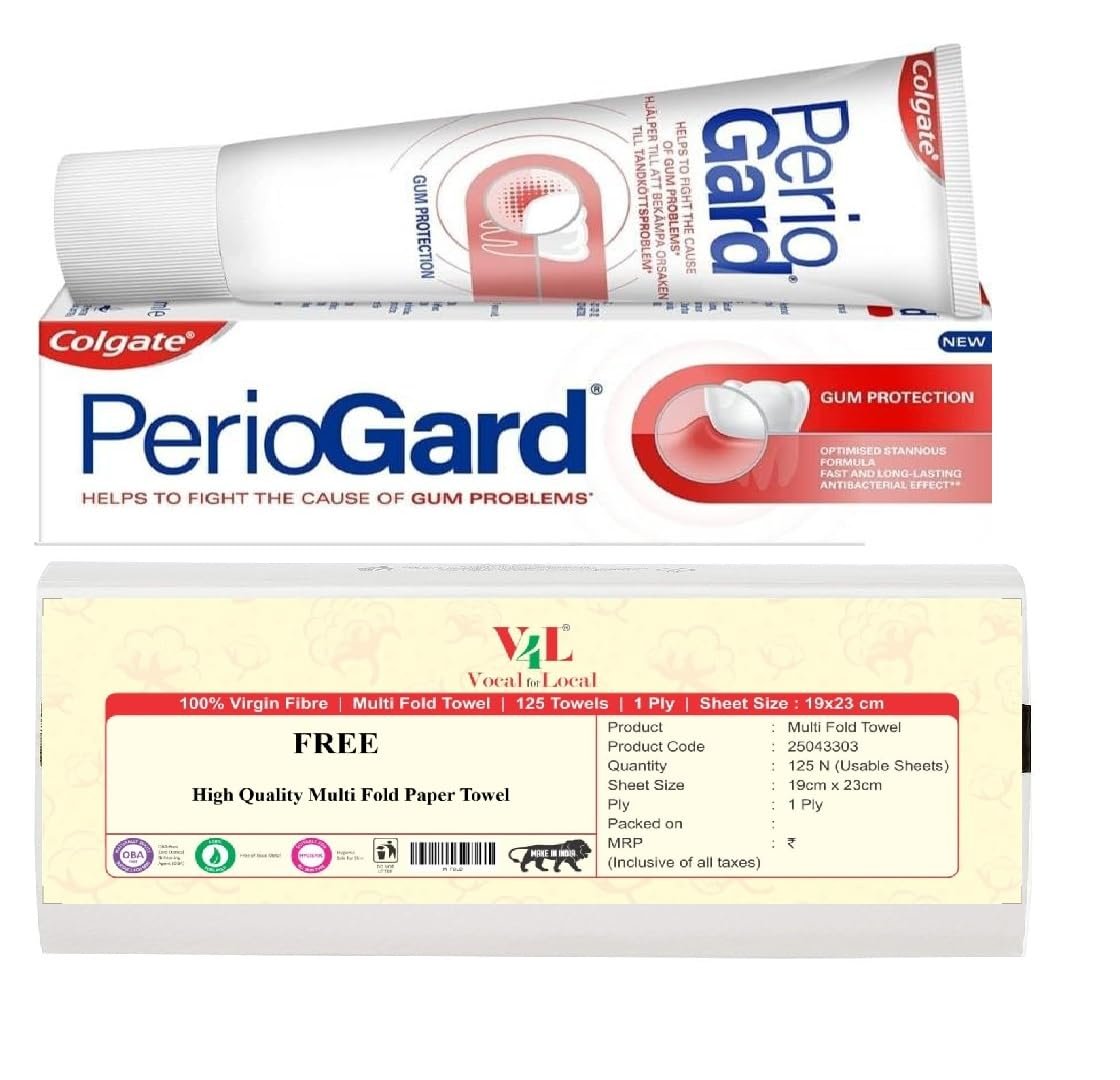 Colgate Gum Protection PerioGard Toothpaste 90grm/3.2oz Helps Fight Plaque Dual Active Formula Helps to Keep Gums Healthy + V4L 125 Sheets Multifold Paper Towel Free - Product Image