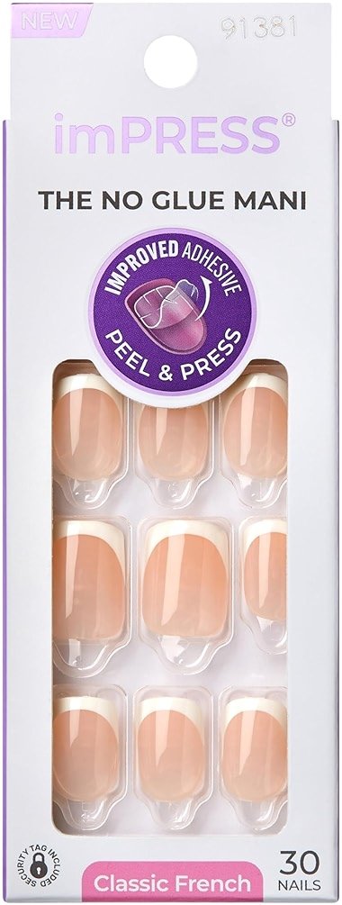 Kiss Impress No Glue Mani Press On Nails, Model, Classic French Manicure Kit, 30 Light Neutral + White Tip, Short Squoval, With IMPROVED Adhesive, Includes Prep Pad, Manicure Stick & Mini File - Product Image