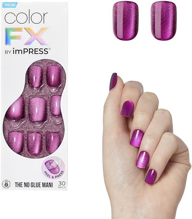 Kiss colorFX by Impress Press On Nails, Levels, 30 No Glue Peel and Stick Nails Kit with IMPROVED Adhesive, Pink Squoval Chrome Effect, Includes Prep Pad, Manicure Stick & Mini File - Product Image
