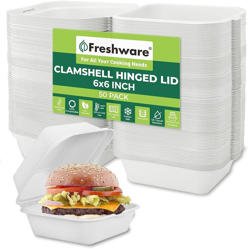 Freshware Compostable Clamshell Food Containers [6x6" 50-Pack], Biodegradable Sugarcane To Go Boxes - Heavy Duty Paper Containers - Microwave & Freezer Safe, Stackable - Product Image