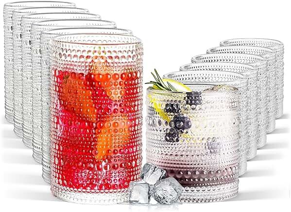 FULGNU Hobnail Drinking Glasses Set of 12, 11.8 oz Vintage Glasses Drinking Set & 10 oz Cocktail Glasses Set, Embossed Glass Cups for Kitchen, Beer, Juice, Cocktail, Whiskey, Milk - Product Image