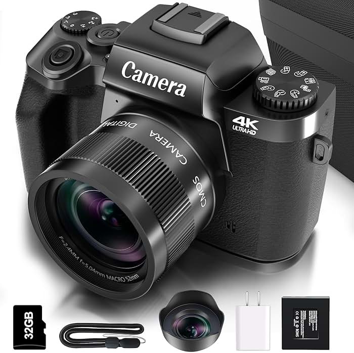 Saneen Digital Camera for Photography, 4K 64MP WiFi Touch Screen Vlogging Camera with Flash, 32GB Micro Card, Lens Hood, 3000mAH Battery, Front and Rear Cameras, 4″Big Screen, Hot Shoe Interface-Black - Product Image