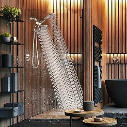 SparkPod Dual Shower Head - 8'' High Pressure 55-Mode Rain Shower Heads with Handheld Spray Combo - Rainfall, Handheld & Dual Mode - Easy Install 3-Way Showerhead with Hose & Holder (Brushed Nickel) - Product Image