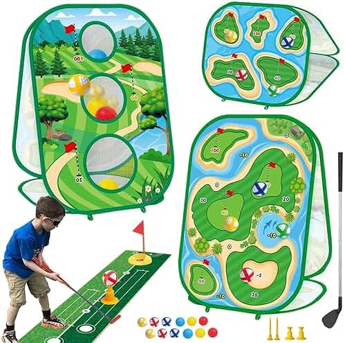 4-In-1 Kids Sticky Golf Games Set With Club, Golf Putting Practice Mat,3-Sided Golf Chipping Net, Multiple Game Modes, Golf Cornhole Board Set, Indoor & Outdoor Golf Practice For Kids & Adults - Product Image