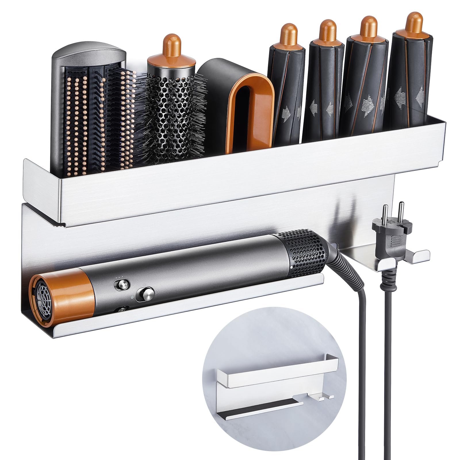 Storage Hair Dryer Holder for Curling Iron Wands Accessories, Hair Straightener Holder, Wall Mount Hair Tool Organizer for Styler Attachments, Curling Iron Holder Organizer for Bathroom, Silver - Product Image
