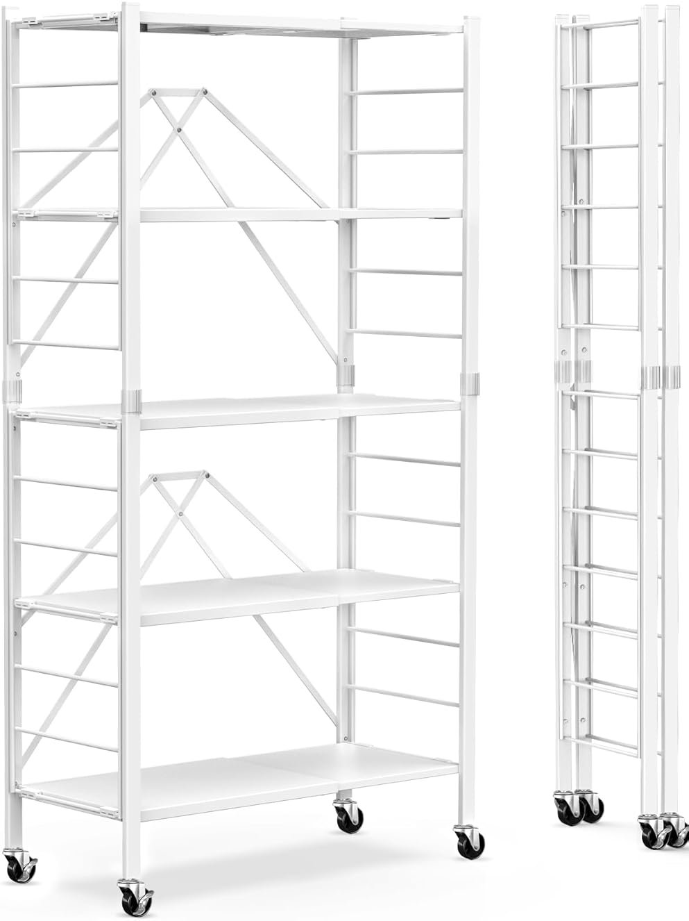 Himix 5 Tier Foldable Storage Shelves, Expandable Folding Pantry Shelf with Wheels, Changeable into 2 Shelf Units, Collapsible Storage Rack Metal Shelves for Kitchen, Room, Garage, White - Product Image