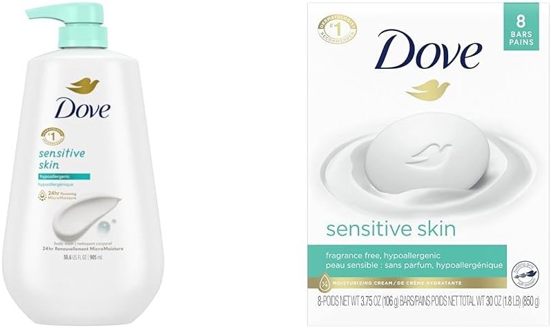 Dove Body Wash with Pump Sensitive Skin Hypoallergenic, Paraben-Free, Sulfate-Free & Beauty Bar More Moisturizing Than Bar Soap for Softer Skin, Fragrance Free, Hypoallergenic - Product Image