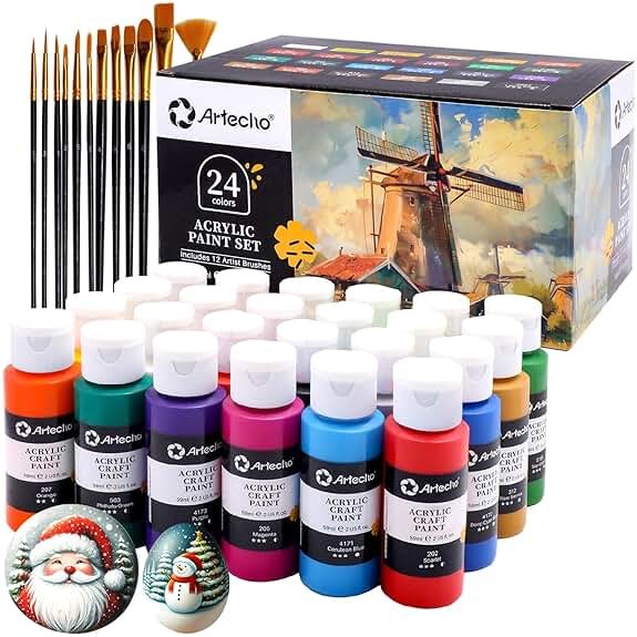 Artecho Acrylic Paint Set 24 Colors 2oz/59ml with 12 Brushes, Art Supplies | Permanent rich pigment non-toxic craft kit for canvas, fabric, rock, wood, ceramic, Great gift for adults & beginners - Product Image