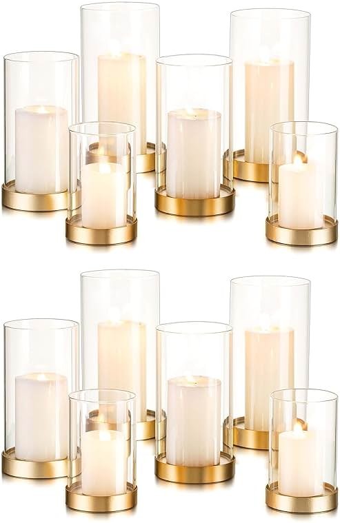 Hewory Hurricane Candle Holder for Pillar Candles: Gold Votive Candle Holders Set of 12, Glass Hurricane with Metal Candle Plate, Pillar Candle Holder for Table Centerpiece Wedding Holiday Home Decor - Product Image