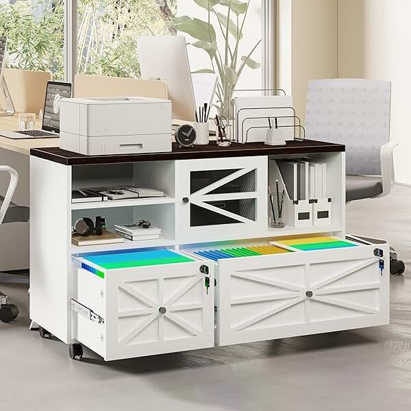 kepptory 2 Drawer File Cabinet with Lock, Rolling File Cabinet for Home Office Fits Files Letter/Legal/F4/A4, Filing Cabinet 2 Drawer with Adjustable Shelf & 2 Lockable Wheels (White + Brown) - Product Image