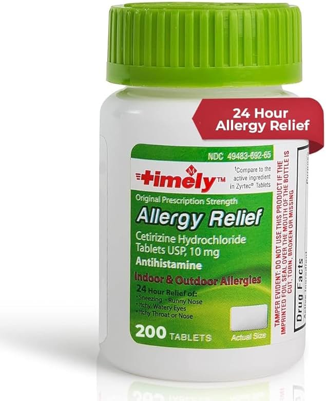 TIME-Cap Labs 200 Tablets Cetirizine HCl 10mg Allergy Relief - Antihistamine for Adults & Children Age 6+, Helps Relieve Sneezing, Runny Nose, Itchy Watery Eyes & Itchy Throat - Product Image