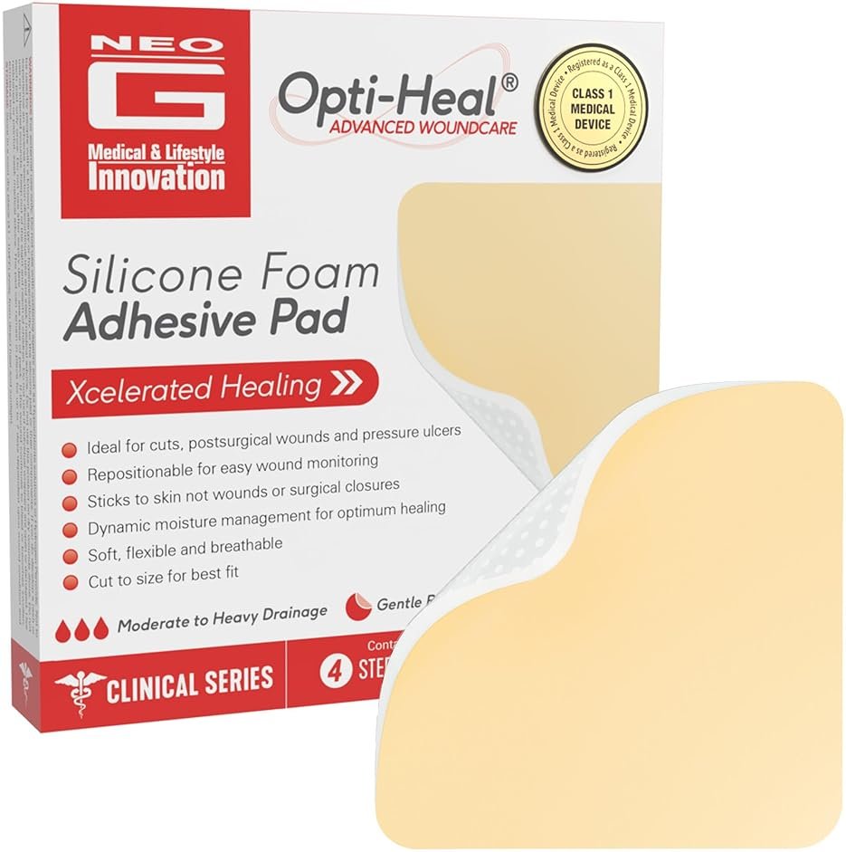 Neo G Opti-Heal Silicone Foam Adhesive Pad - Sterile Absorbent for Wounds, Cuts, Abrasions, Pressure Ulcers, Bedsores, Burns, Donor Sites - Product Image
