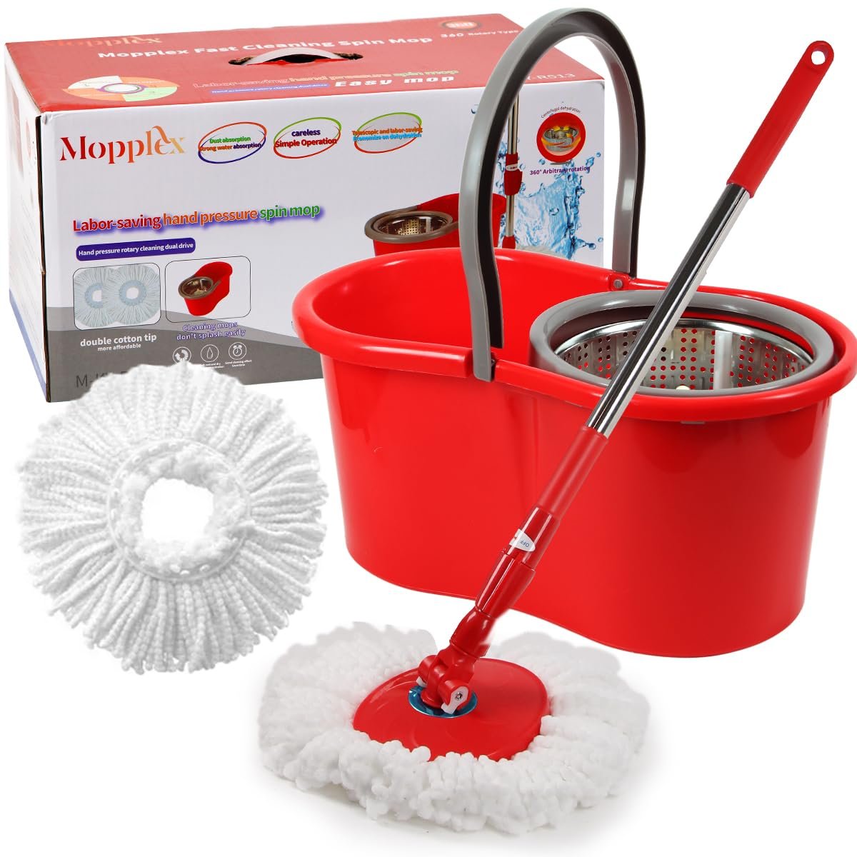 Spin Mop and Bucket with Wringer Set, 360° Spinning Mop and Bucket System with Double Cotton Tip Replacement Heads and Stainless Steel Adjustable Handle for Floor Cleaning (20QT) - Product Image