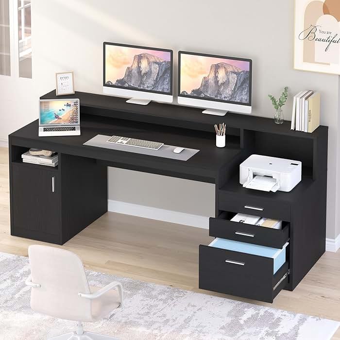 YOMILUVE Computer Desk with 3 Drawer & Storage Shelves, Home Office Desk with File Drawer & Cabinet, Writing Study Table with Long Monitor Stand & Printer Shelf, Executive Desk, Black - Product Image