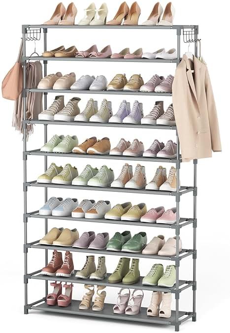 LANTEFUL 10 Tiers Shoe Rack 50 Pairs Large Capacity Tall Shoe Organizer Sturdy Shoe Storage with Two Hooks Space Saving Metal Wide Shoe Rack for Closet, Entryway, Bedroom, Grey - Product Image