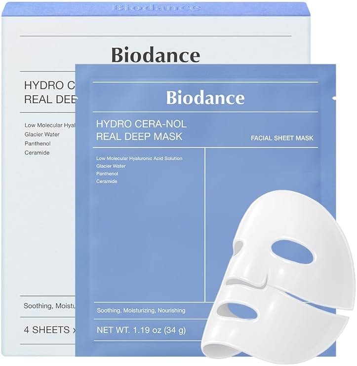BIODANCE Hydro Cera-nol Real Deep Mask, Hydrating Overnight Hydrogel Face Mask, Moisturizing, Redness Reducing, Quick Soothing, After Sun Care, Sunburn Relief, Korean Skin Care |1.19oz(34g) x4ea - Product Image