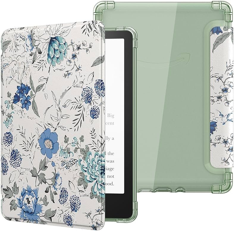 MoKo Case for 6" Kindle (11th Generation-2024/2022 Release), Ultra Clear Soft Flexible Transparent TPU Back Cover Light Shell with Auto Wake/Sleep for Kindle 11th Generation 2024, White Blue Floral - Product Image
