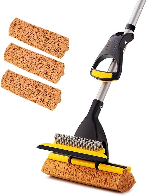 Yocada Sponge Mop Home Commercial Use Tile Floor Bathroom Garage Cleaning Total 3 Sponge Heads Squeegee and Extendable Telescopic Long Handle 42.5 to 52 Inches Easily Dry Wringing Only 3 Heads - Product Image