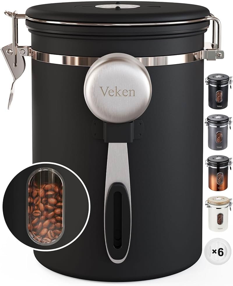 Veken Coffee Canister with Window,Airtight Stainless Steel Pantry Container,Kitchen Food Storage Organizers for Beans,Ground,Espresso,Rice,Tea,Sugar, Cereal, Bar Accessories,Gifts,Lids,Jars,22OZ,Black - Product Image