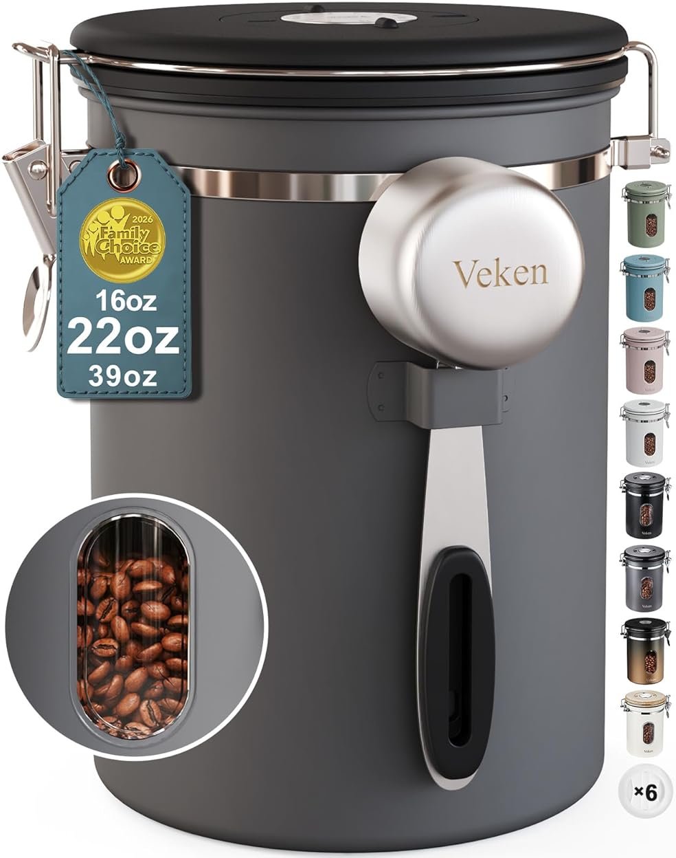 Veken Coffee Canister with Window,Airtight Stainless Steel Kitchen Food Storage Container, Date Tracker & Scoop for Grounds Coffee, Beans, Tea, Flour, Cereal,Sugar,22OZ,Grey - Product Image