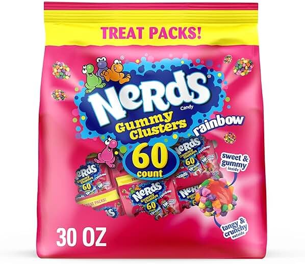NERDS Gummy Clusters, Candy Treat Packs, Rainbow, Crunchy and Gummy, 30 oz (60 ct) - Product Image