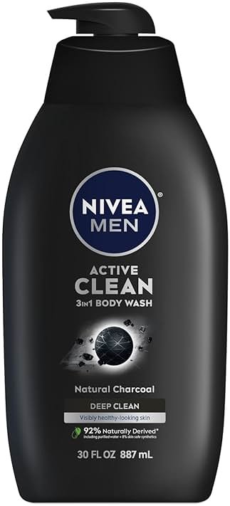 NIVEA Men Active Clean Body Wash with Natural Charcoal for Normal to Oily Skin, 3-in-1 Charcoal Body Wash, Face and Hair, Draws Out Dirt and Impurities, 30 Fl Oz Bottle - Product Image