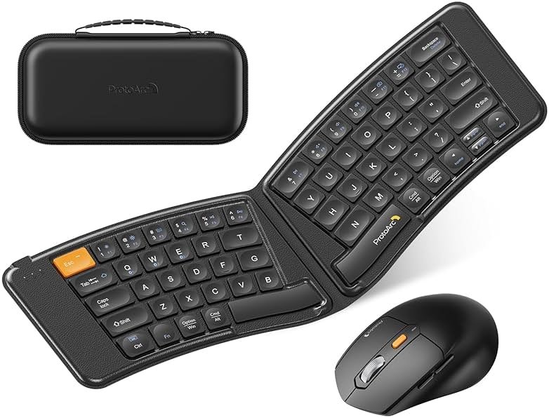 ProtoArc Ergonomic Foldable Keyboard Mouse, XKM03 Portable Folding Bluetooth Keyboard Mouse Combo for Business and Travel, Split Design, 3 Bluetooth, Rechargeable, for iPad, Tablet, iPhone, Laptop - Product Image