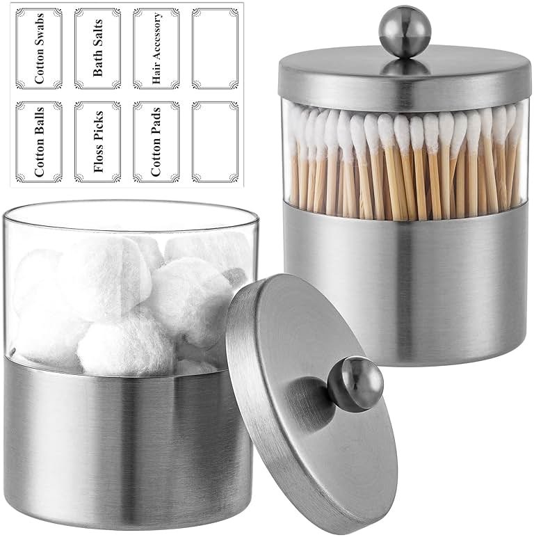 Gaussra Apothecary Jars, Qtip Holder - Brushed Stainless Steel Bathroom Jar with Stickers - Farmhouse Decor Qtip Dispenser for Qtips, Cotton Balls, Swabs, Makeup Sponges (2 Pack, Brushed Nickel) - Product Image