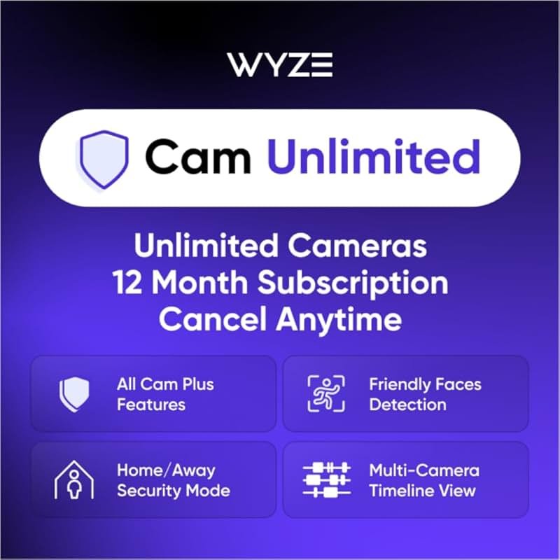Wyze Security Plan - Cam Unlimited | Unlimited Cameras | 12 months Subscription. Full AI features | Facial Recognition for Friendly Faces | Smart Detection for Person, Pet, Package, Vehicle and Glass Break | Security Surveillance and Monitoring | Rolling 14 Days Event Video Recording | Activation Required | Cancel Anytime - Product Image