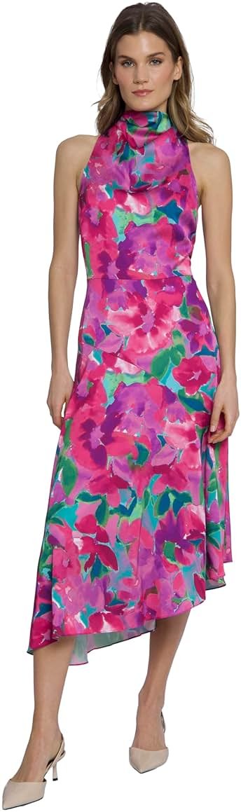 Maggy London Women's High Neck Halter Asymmetrical Fit and Flare Midi Dress | Wedding Guest Dresses for Women - Product Image