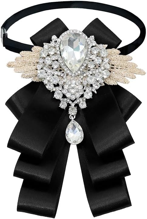 Luckyvestir Womens Mens Bow Tie Ribbon Black Rhinestone Bow Ties Men Large Crystal Bowknot Bowtie for Wedding Party Banquet - Product Image