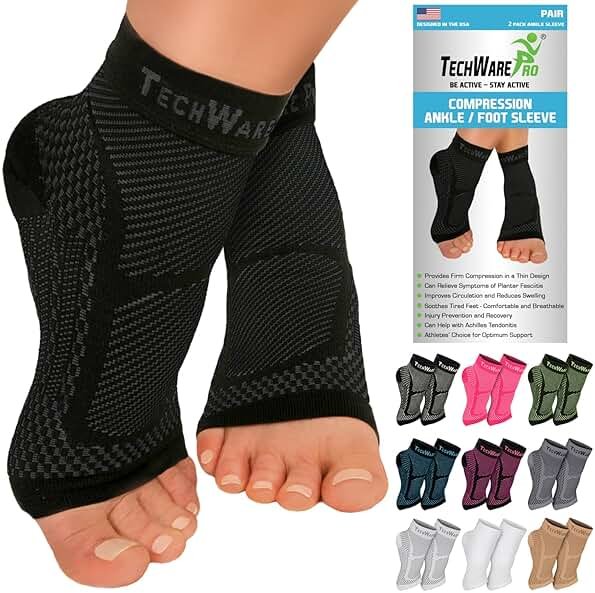 TechWare Pro Ankle Brace Compression Sleeve - Plantar Fasciitis Sock. Relieves Achilles Tendonitis. Foot Arch Support Reduces Joint Pain, Swelling & Heel Spur Pain. Injury Recovery Braces for Sports - Product Image