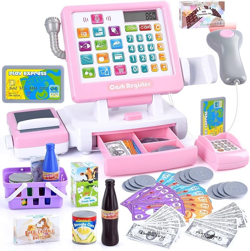 PLAY Kids Cash Register Toy - Pretend Play Calculator Register Toys with Microphone/Conveyors/Play Money/Scanner/Credit Card/Cans/Drink, 3+ Toddler Develops Early Math Skills Learning Toys - Product Image