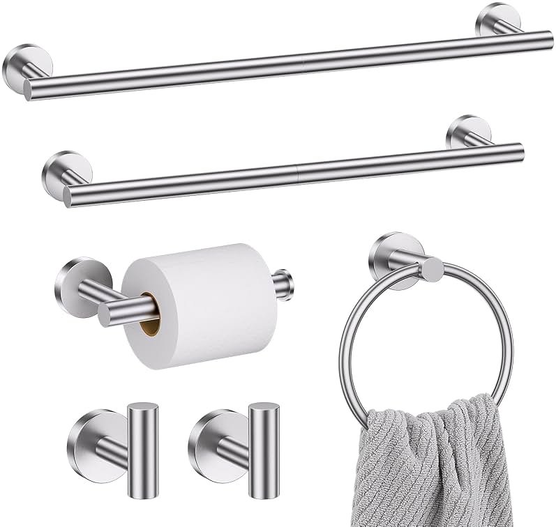 Brushed Nickel Bathroom Hardware Set, 6 Pieces Towel Bar Bathroom Accessories Set Toilet Paper Holder Towel Holder Towel Ring and Towel Hooks Wall Mounted, SUS304 Stainless Steel Towel Rack Set - Product Image