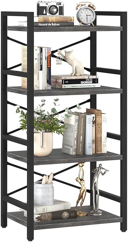 Yoobure 4 Tier Bookshelf - Small Book Shelf Industrial Bookcase, Narrow Book Case Book Storage Organizer for CD/Movie/Book, Bookshelves for Bedroom Office Living Room Charcoal Gray - Product Image